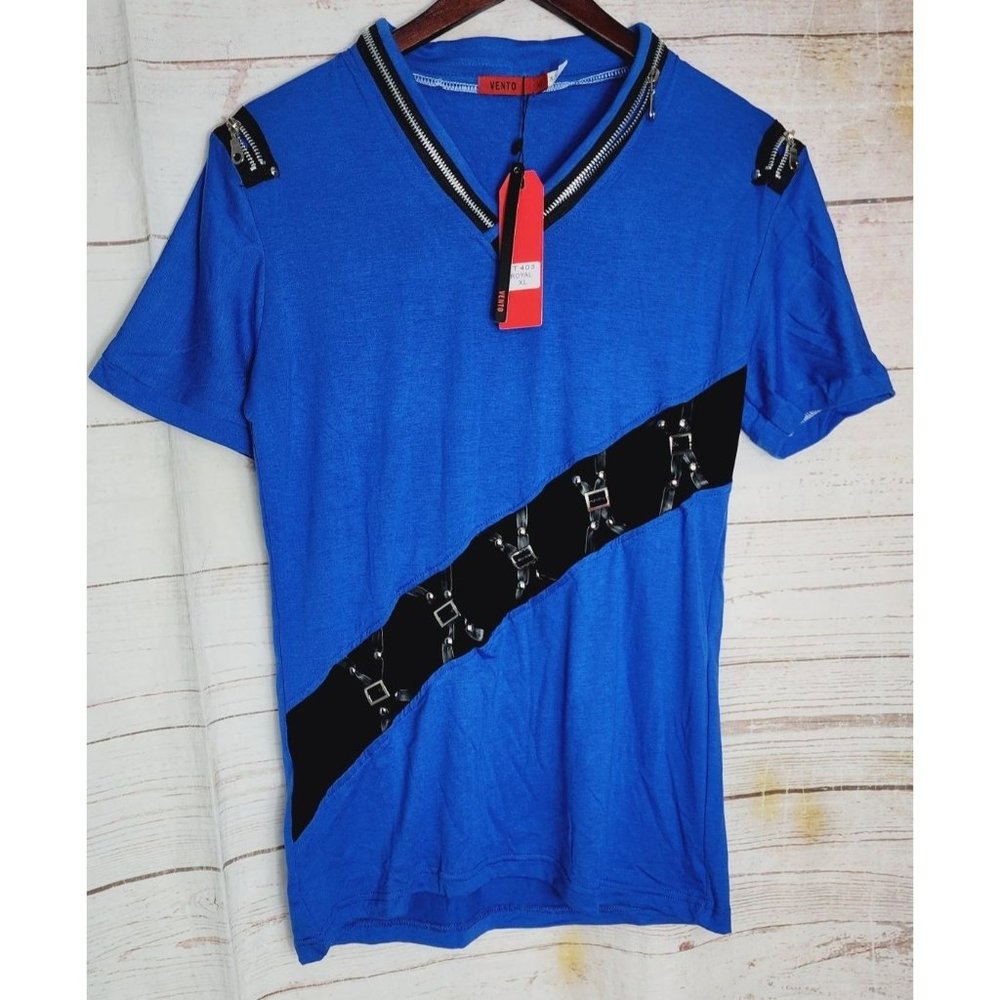 Vento Vassari XL Men's Blue/Black Zipper Design Short Sleeve V-Neck Rare Shirt